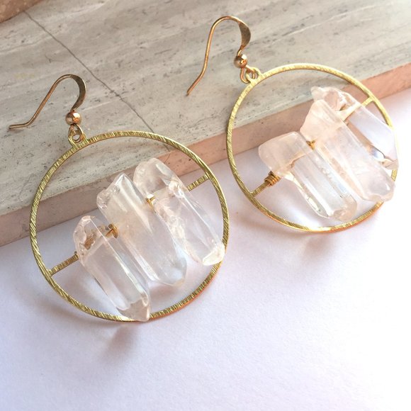 Clear Quartz Crystal — Gold hoop Earrings - Picture 2 of 6